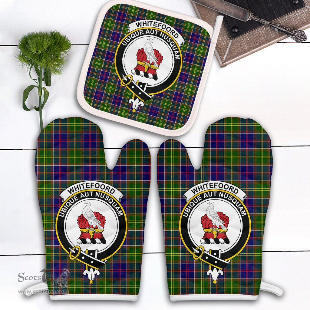 Scottish Whitefoord Modern Clan Crest Tartan Oven Mitt And Pot Holder Set (2 Oven Mitts + 1 Pot Holder)