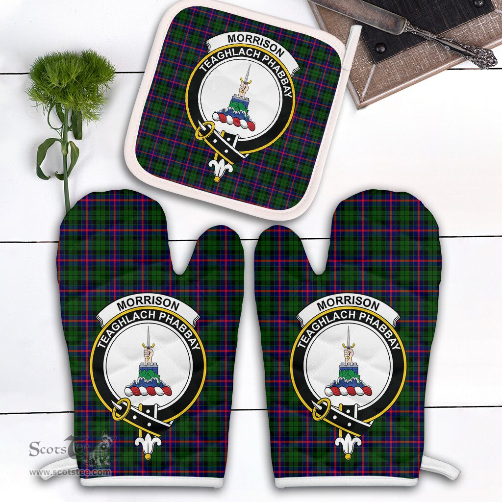 Scottish Morrison Modern Clan Crest Tartan Oven Mitt And Pot Holder Set (2 Oven Mitts + 1 Pot Holder)
