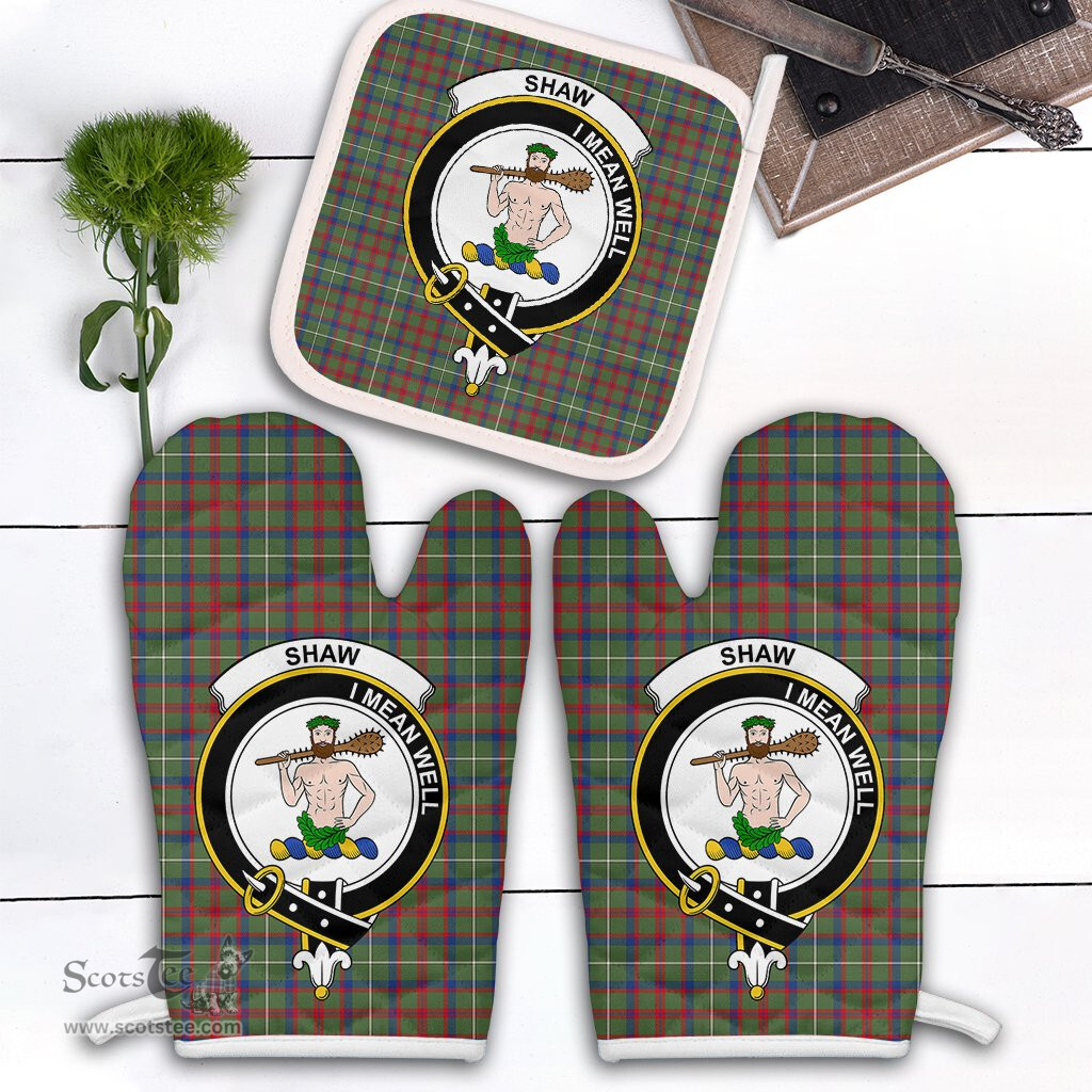 Scottish Shaw Green Modern Clan Crest Tartan Oven Mitt And Pot Holder Set (2 Oven Mitts + 1 Pot Holder)