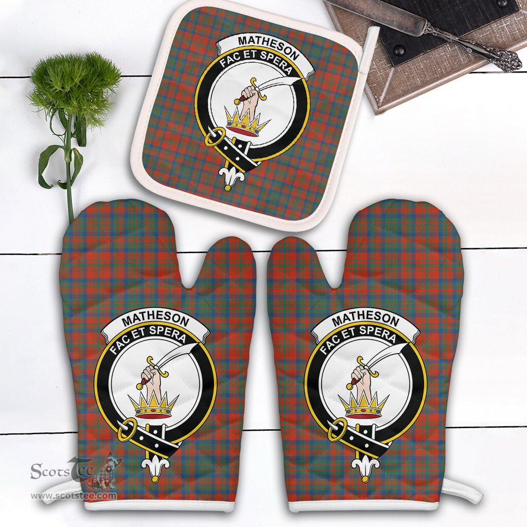 Scottish Matheson Ancient Clan Crest Tartan Oven Mitt And Pot Holder Set (2 Oven Mitts + 1 Pot Holder)