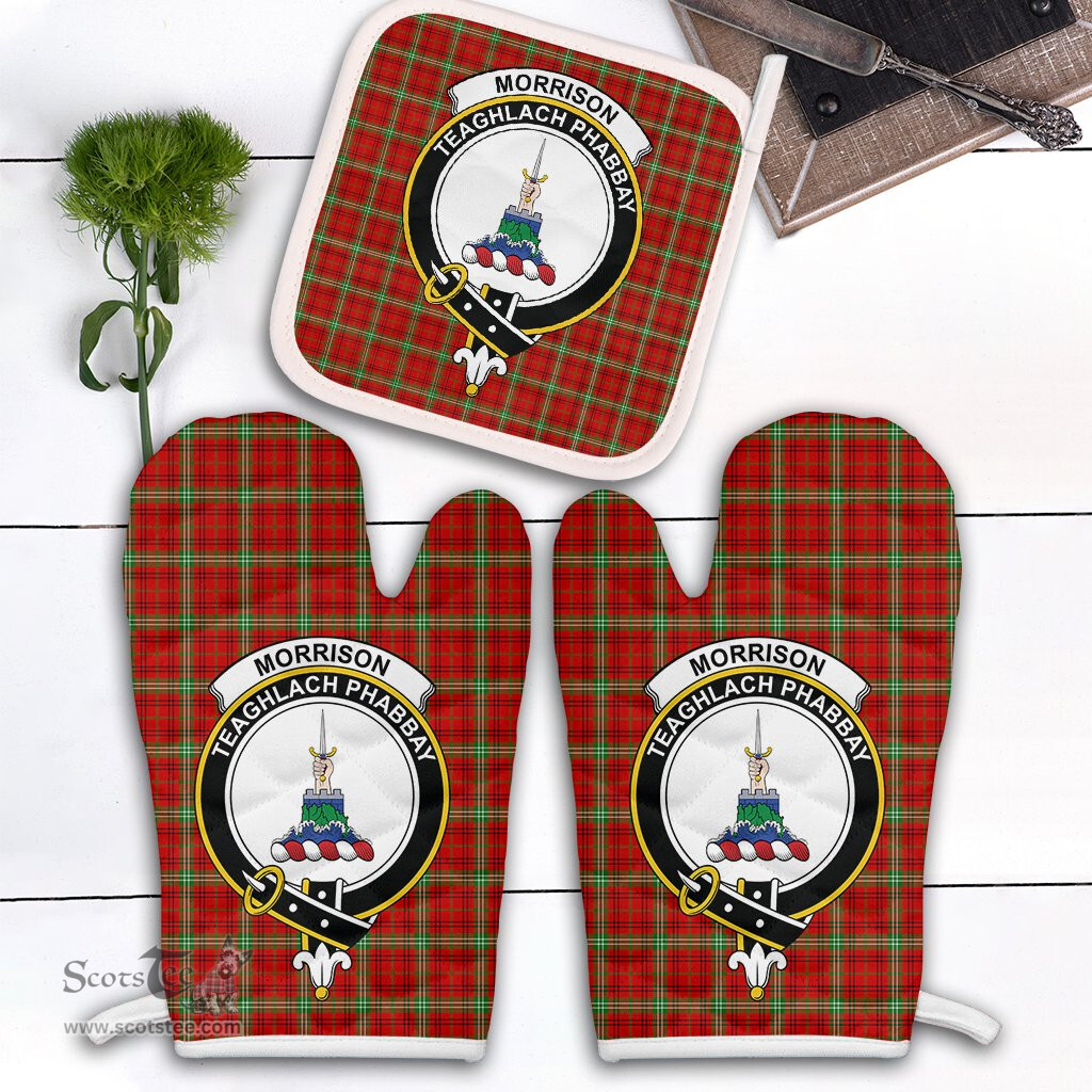 Scottish Morrison Red Modern Clan Crest Tartan Oven Mitt And Pot Holder Set (2 Oven Mitts + 1 Pot Holder)