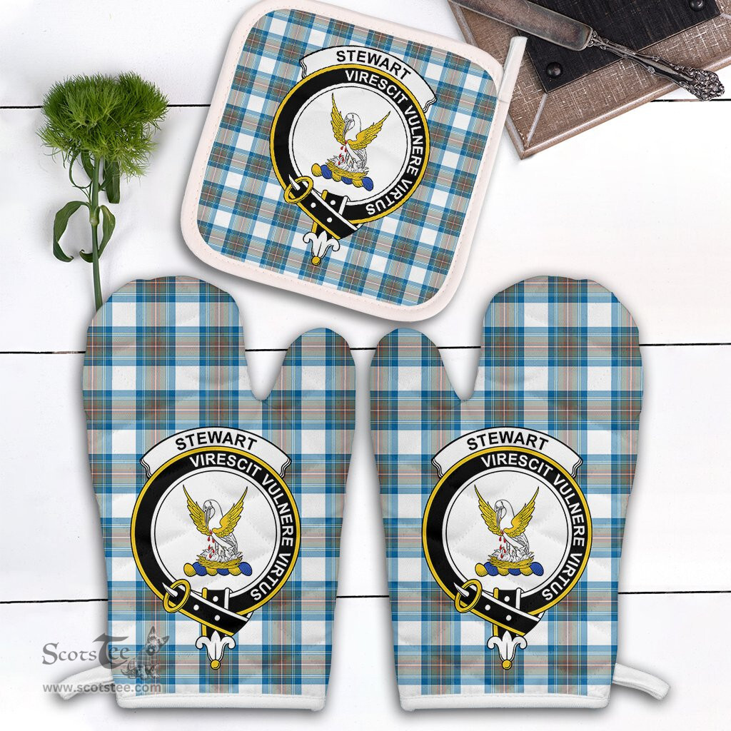 Scottish Stewart Muted Blue Clan Crest Tartan Oven Mitt And Pot Holder Set (2 Oven Mitts + 1 Pot Holder)