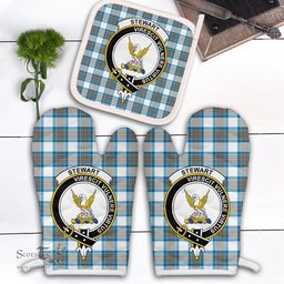 Scottish Stewart Muted Blue Clan Crest Tartan Oven Mitt And Pot Holder Set (2 Oven Mitts + 1 Pot Holder)