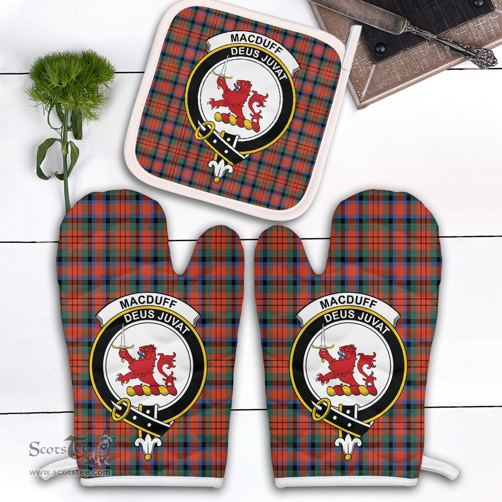 Scottish MacDuff Ancient Clan Crest Tartan Oven Mitt And Pot Holder Set (2 Oven Mitts + 1 Pot Holder)