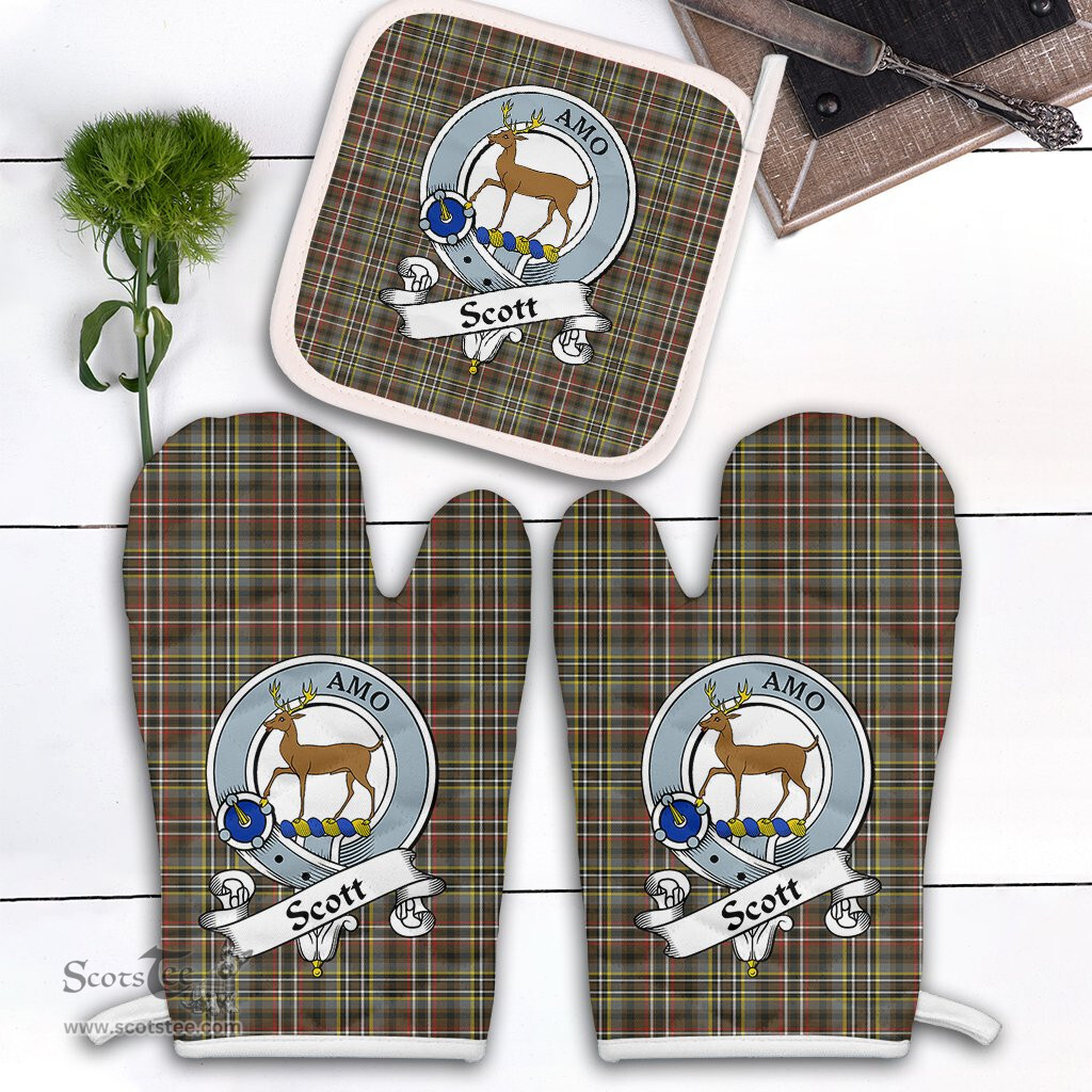 Scottish Scott Green Weathered Clan Crest Tartan Oven Mitt And Pot Holder Set (2 Oven Mitts + 1 Pot Holder)