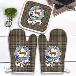 Scottish Scott Green Weathered Clan Crest Tartan Oven Mitt And Pot Holder Set (2 Oven Mitts + 1 Pot Holder)
