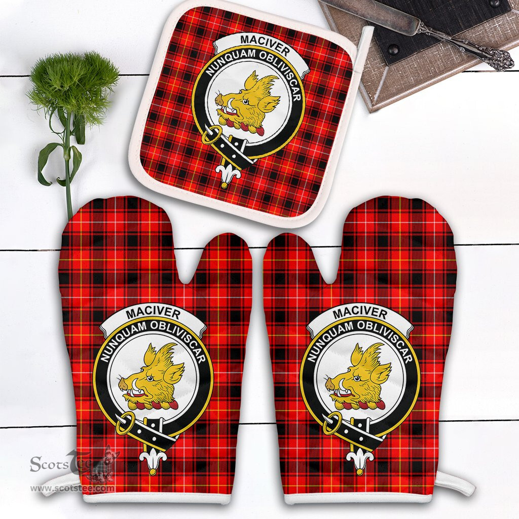 Scottish MacIver Modern Clan Crest Tartan Oven Mitt And Pot Holder Set (2 Oven Mitts + 1 Pot Holder)