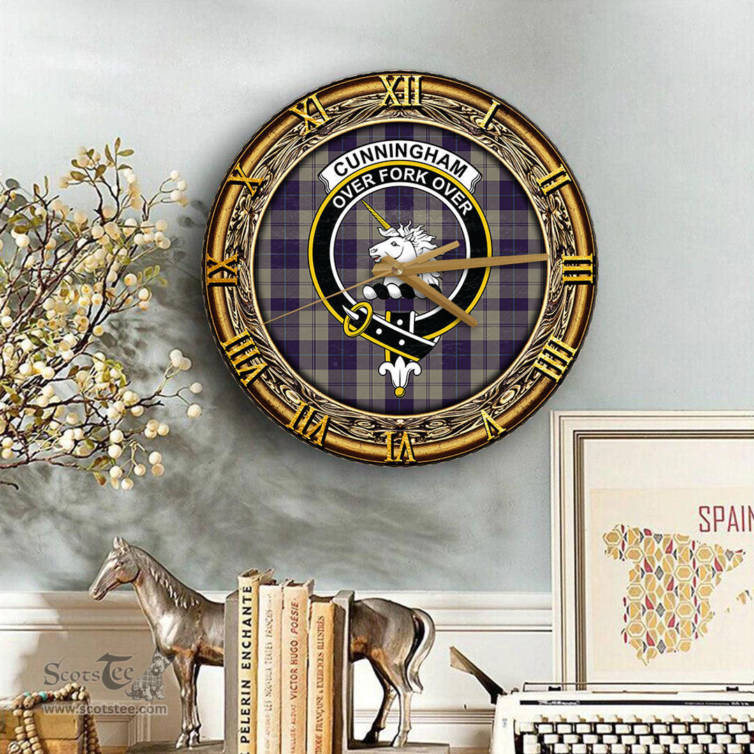ScotsTee Shop Scottish Cunningham Dress Blue Dancers Clan Crest Tartan Wooden Wall Clock