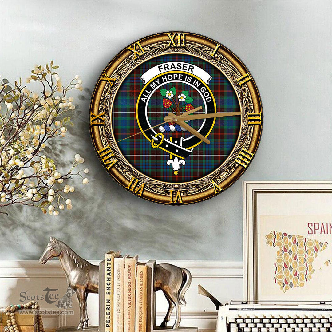 ScotsTee Shop Scottish Fraser Hunting Ancient Clan Crest Tartan Wooden Wall Clock