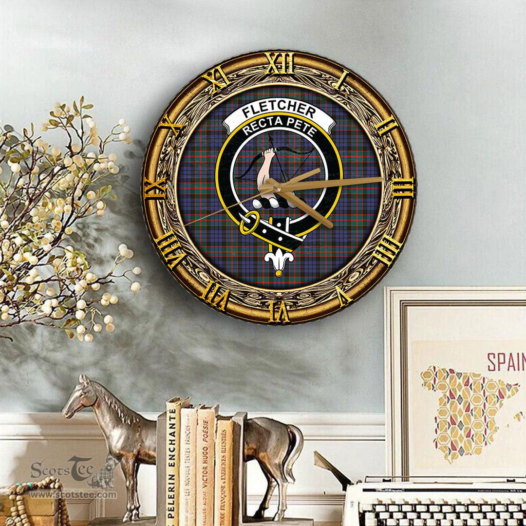 ScotsTee Shop Scottish Fletcher of Dunans Clan Crest Tartan Wooden Wall Clock