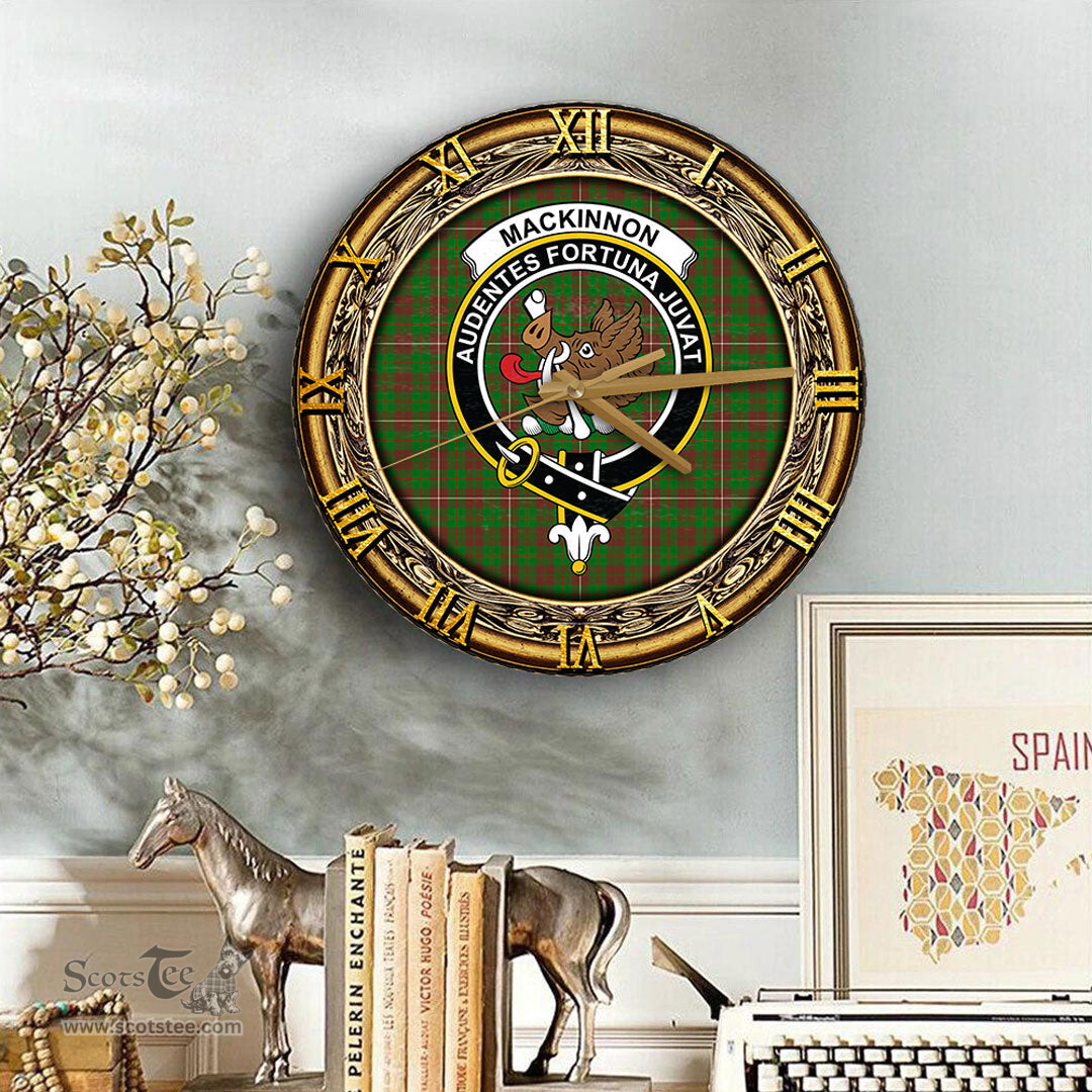 ScotsTee Shop Scottish MacKinnon Hunting Modern Clan Crest Tartan Wooden Wall Clock