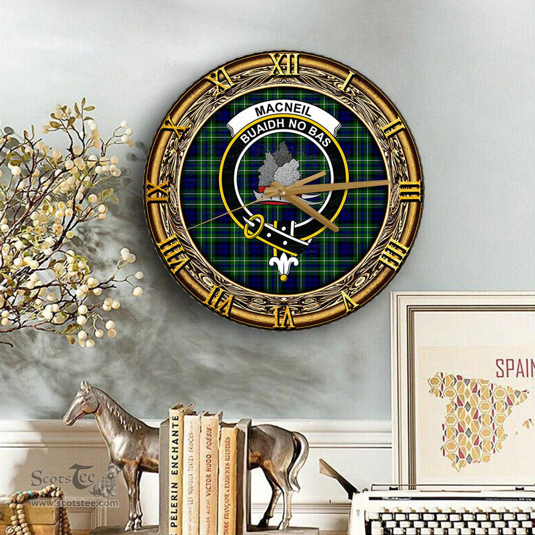 ScotsTee Shop Scottish MacNeil of Colonsay Modern Clan Crest Tartan Wooden Wall Clock