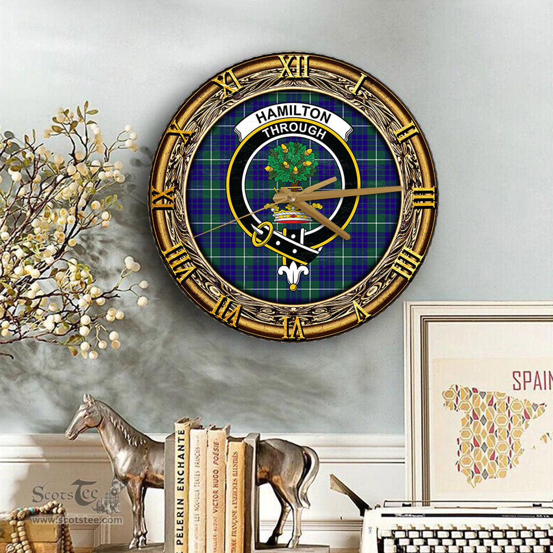 ScotsTee Shop Scottish Hamilton Hunting Modern Clan Crest Tartan Wooden Wall Clock