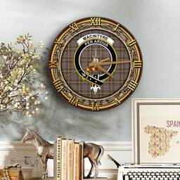 ScotsTee Shop Scottish MacIntyre Hunting Weathered Clan Crest Tartan Wooden Wall Clock