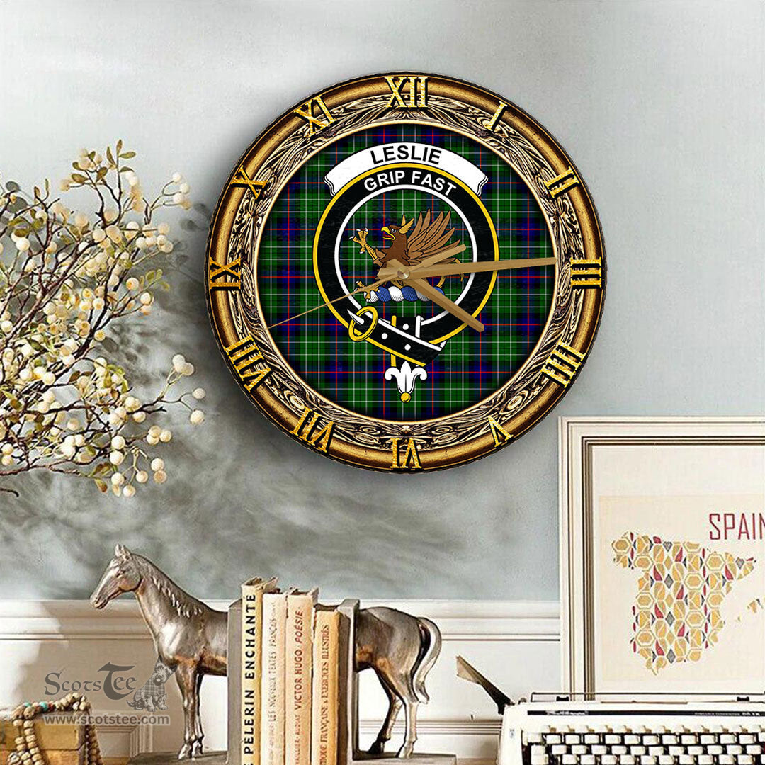 ScotsTee Shop Scottish Leslie Hunting Clan Crest Tartan Wooden Wall Clock