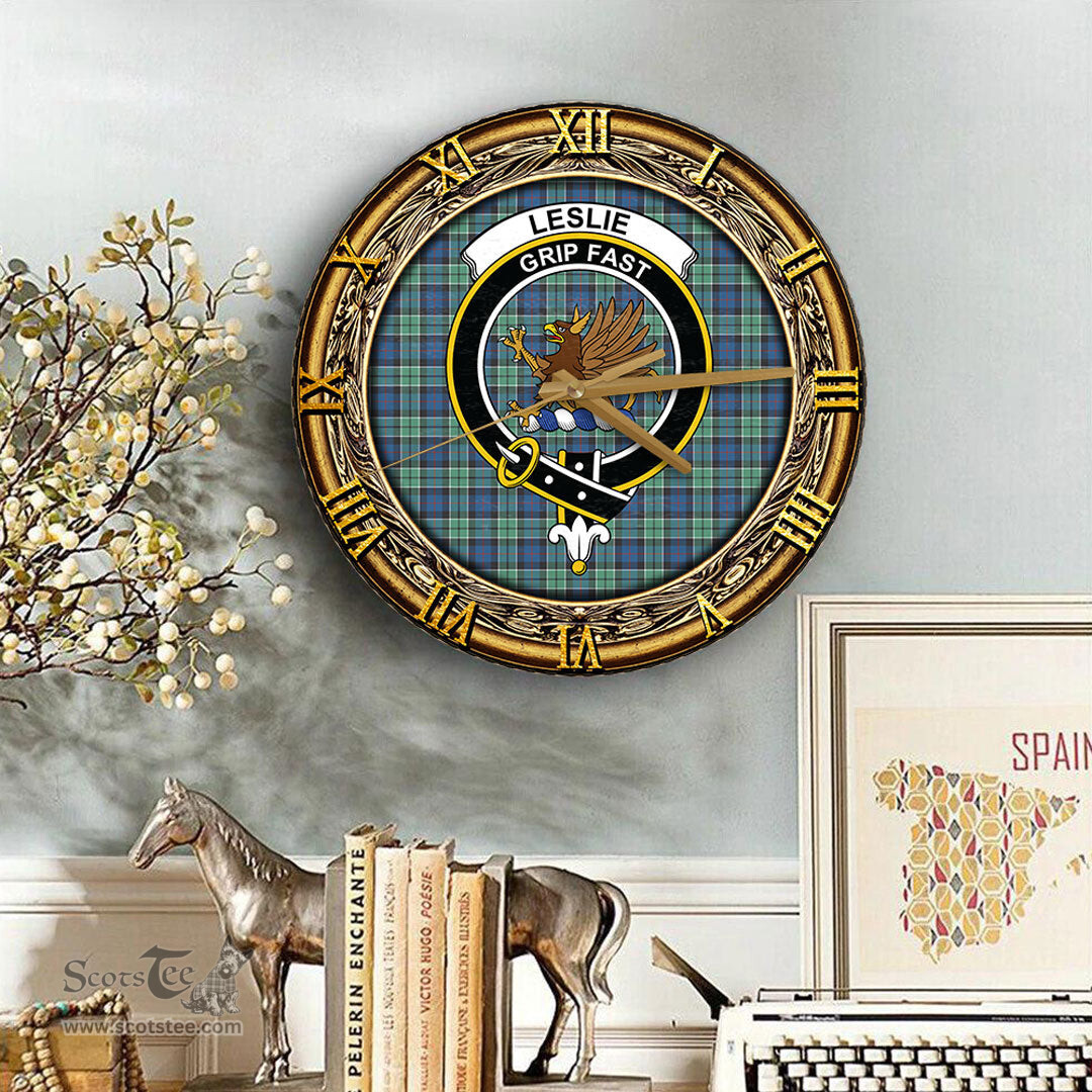 ScotsTee Shop Scottish Leslie Hunting Ancient Clan Crest Tartan Wooden Wall Clock