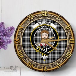 ScotsTee Shop Scottish Menzies Black White Modern Clan Crest Tartan Wooden Wall Clock