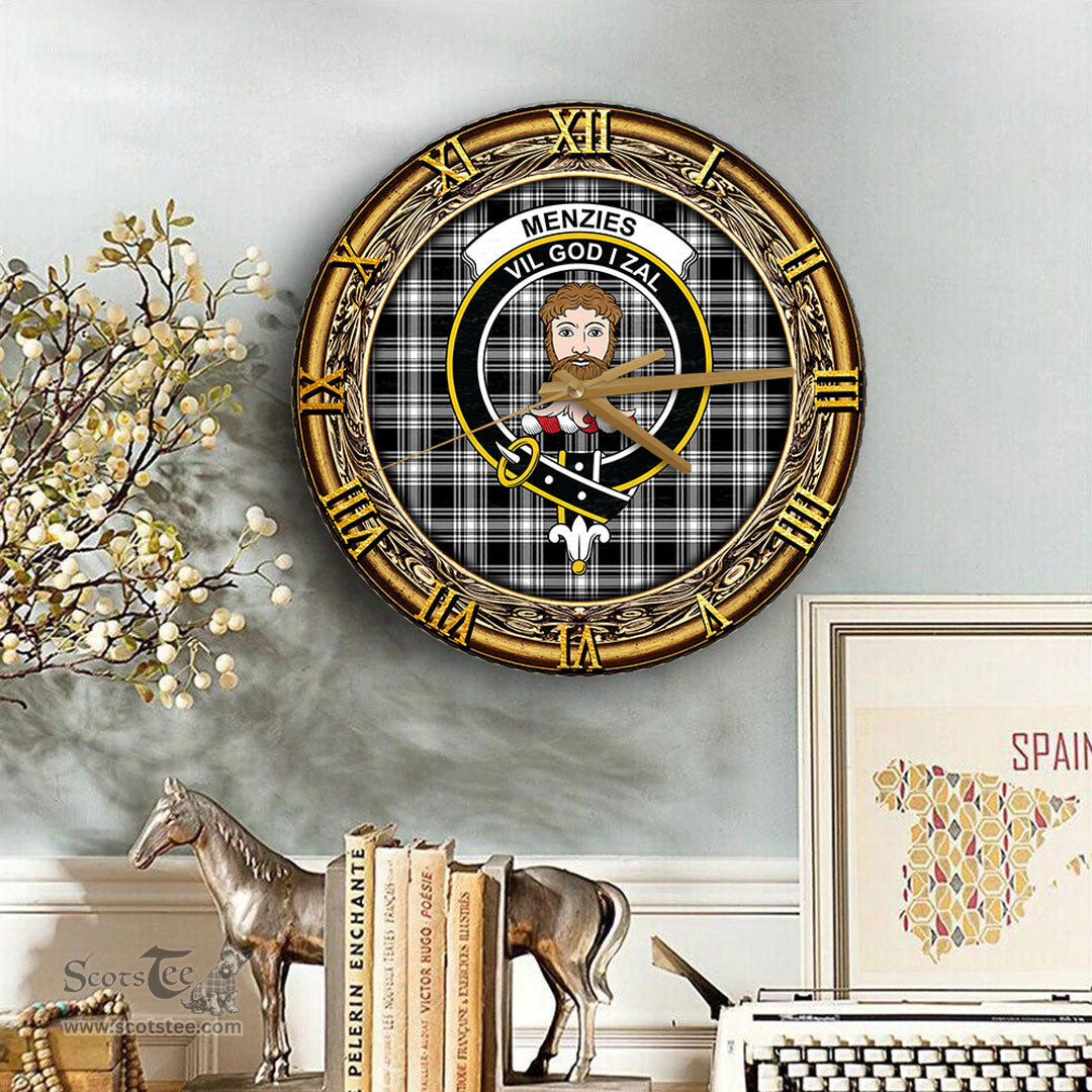 ScotsTee Shop Scottish Menzies Black White Modern Clan Crest Tartan Wooden Wall Clock