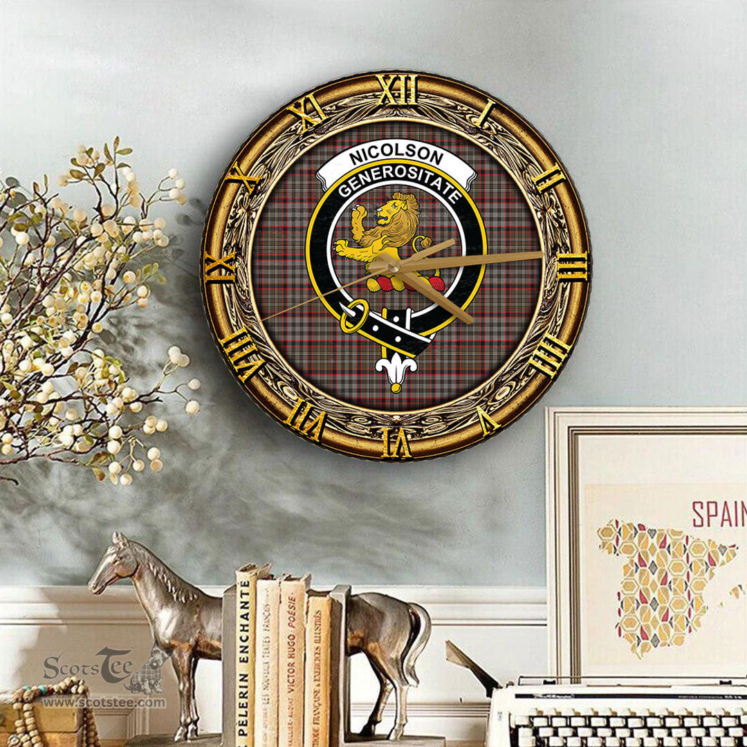 ScotsTee Shop Scottish Nicolson Hunting Weathered Clan Crest Tartan Wooden Wall Clock
