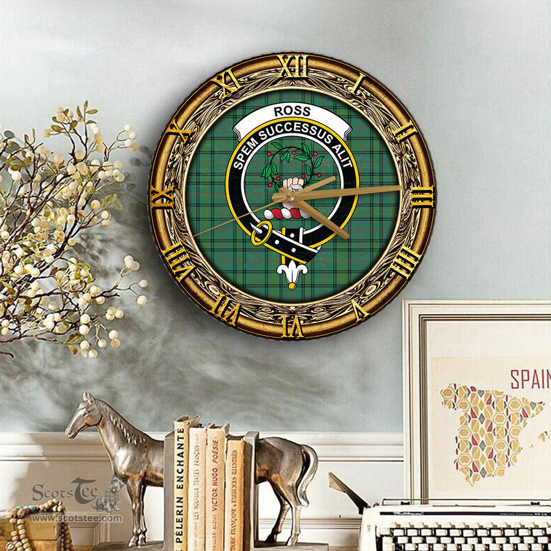 ScotsTee Shop Scottish Ross Hunting Ancient Clan Crest Tartan Wooden Wall Clock