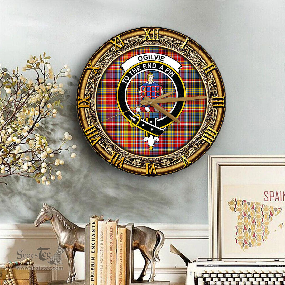 ScotsTee Shop Scottish Ogilvie of Airlie Ancient Clan Crest Tartan Wooden Wall Clock