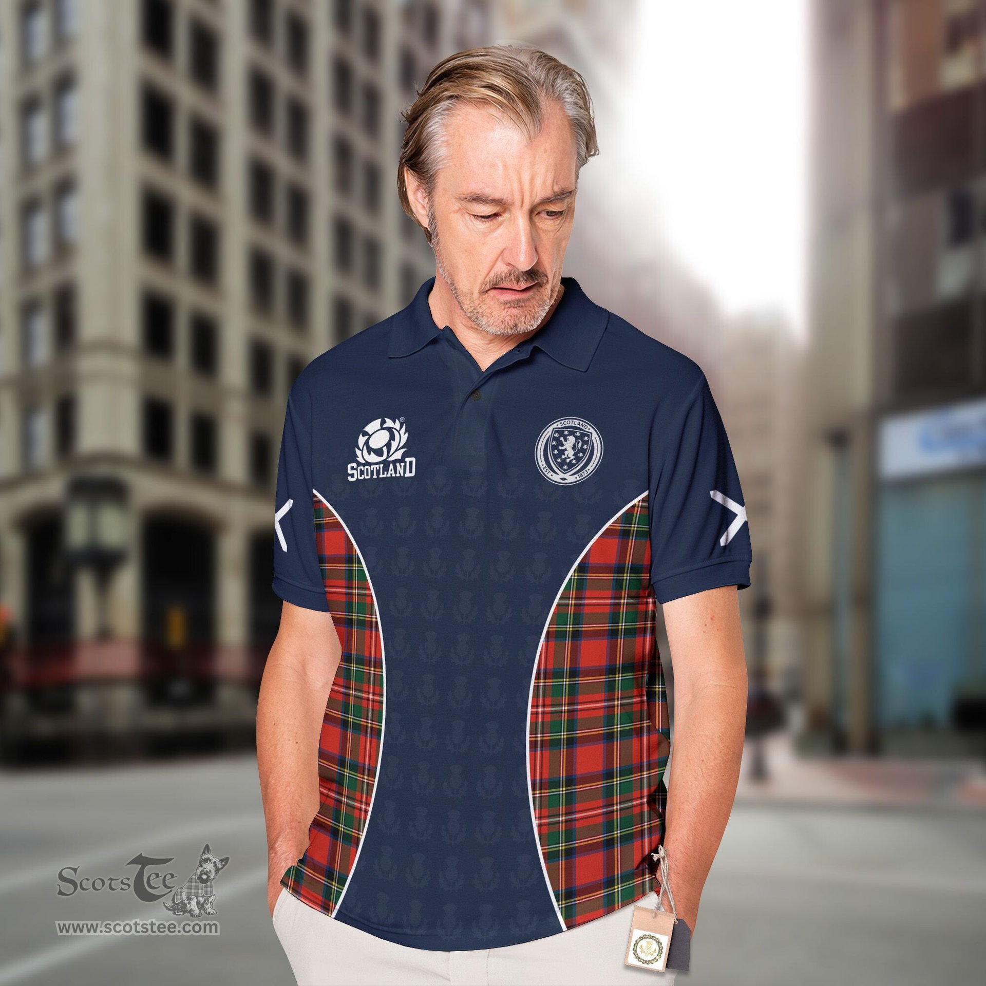 ScotsTee Shop Scottish Dennistoun Clan Crest Scotland Alba And Scottish Tartan Polo Shirt
