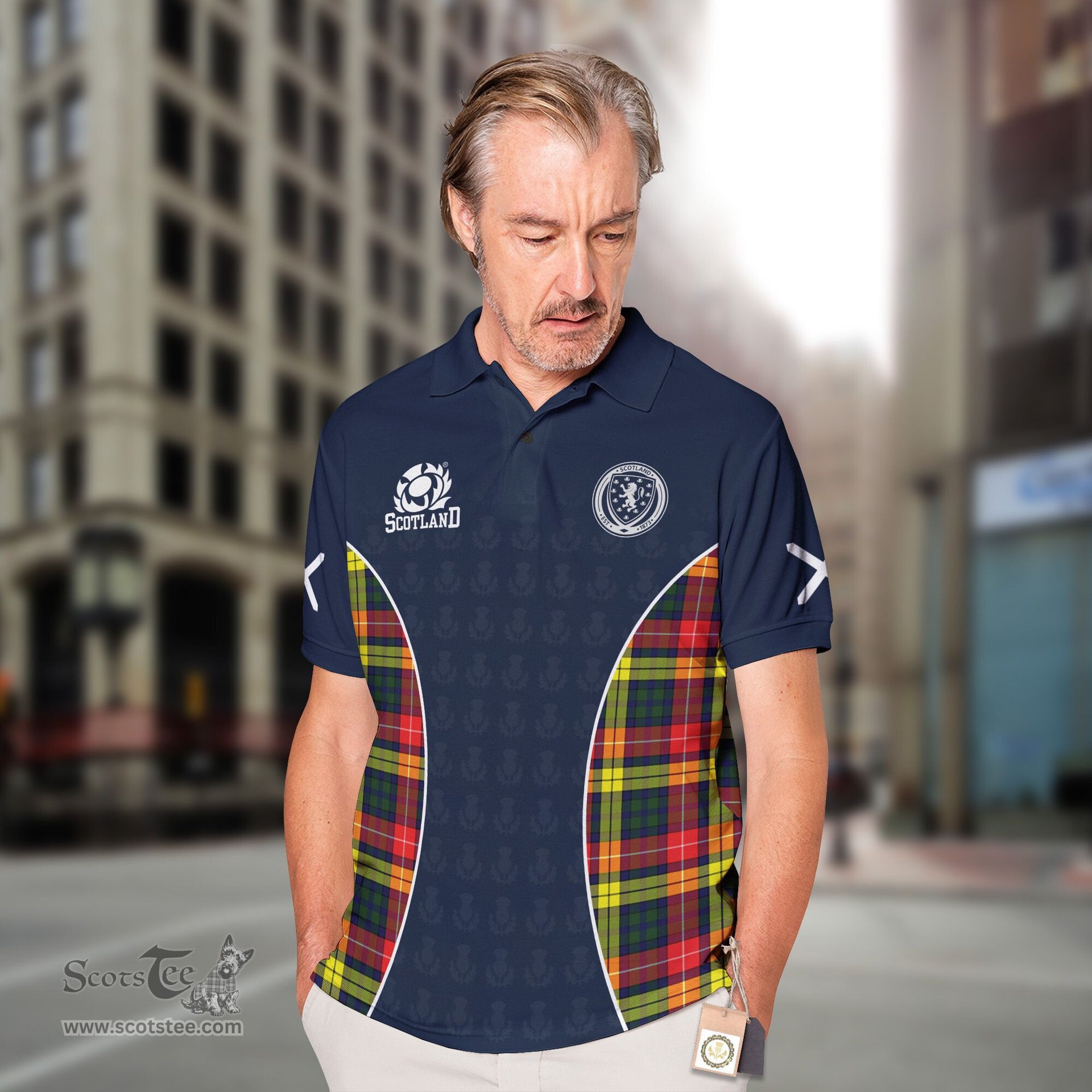 ScotsTee Shop Scottish Buchanan Clan Crest Scotland Alba And Scottish Tartan Polo Shirt