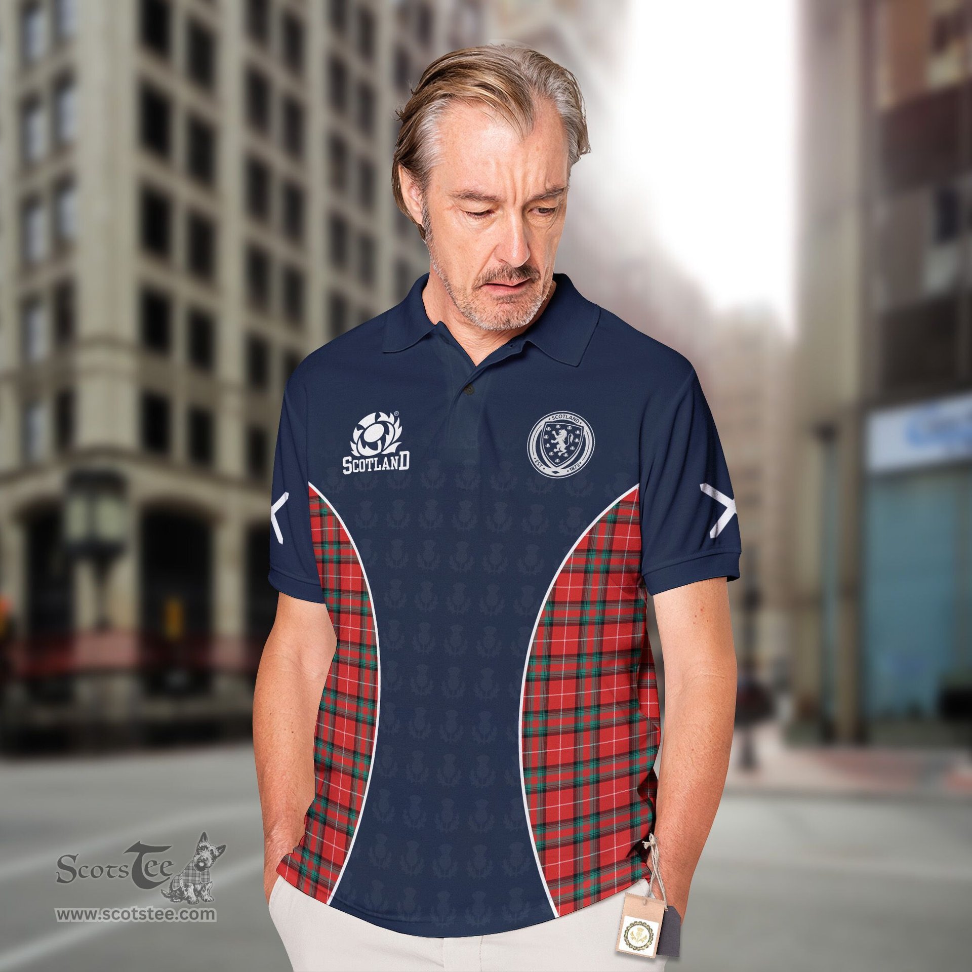 ScotsTee Shop Scottish Stewart Stuart of Bute Clan Crest Scotland Alba And Scottish Tartan Polo Shirt
