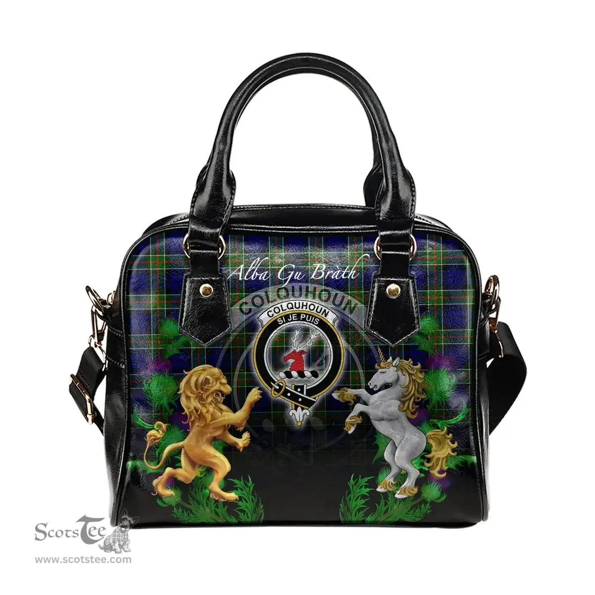 ScotsTee Shop Scottish Colquhoun Modern Clan Crest Tartan Lion Unicorn Thistle Shoulder Handbag