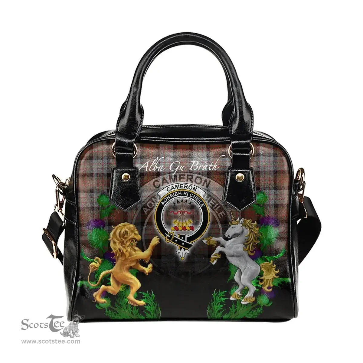 ScotsTee Shop Scottish Cameron of Erracht Weathered Clan Crest Tartan Lion Unicorn Thistle Shoulder Handbag