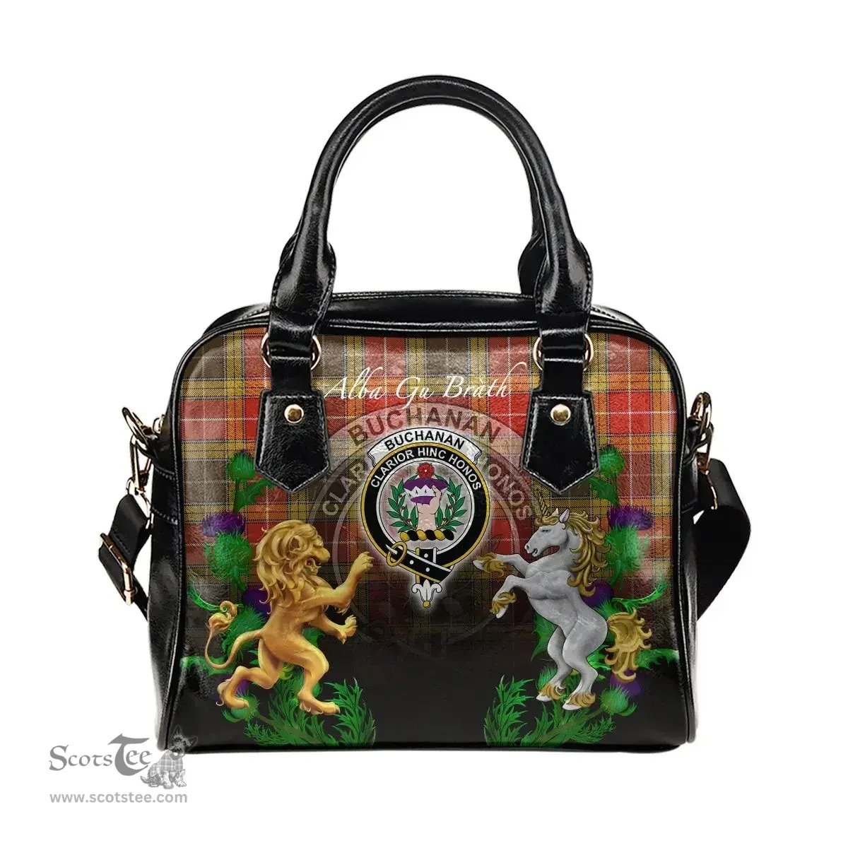 ScotsTee Shop Scottish Buchanan Old Set Weathered Clan Crest Tartan Lion Unicorn Thistle Shoulder Handbag