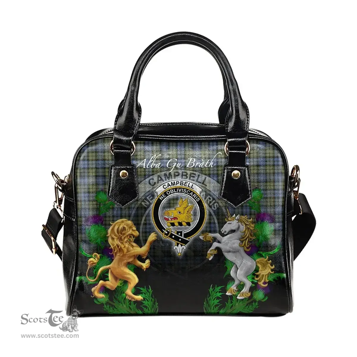 ScotsTee Shop Scottish Campbell Faded Clan Crest Tartan Lion Unicorn Thistle Shoulder Handbag