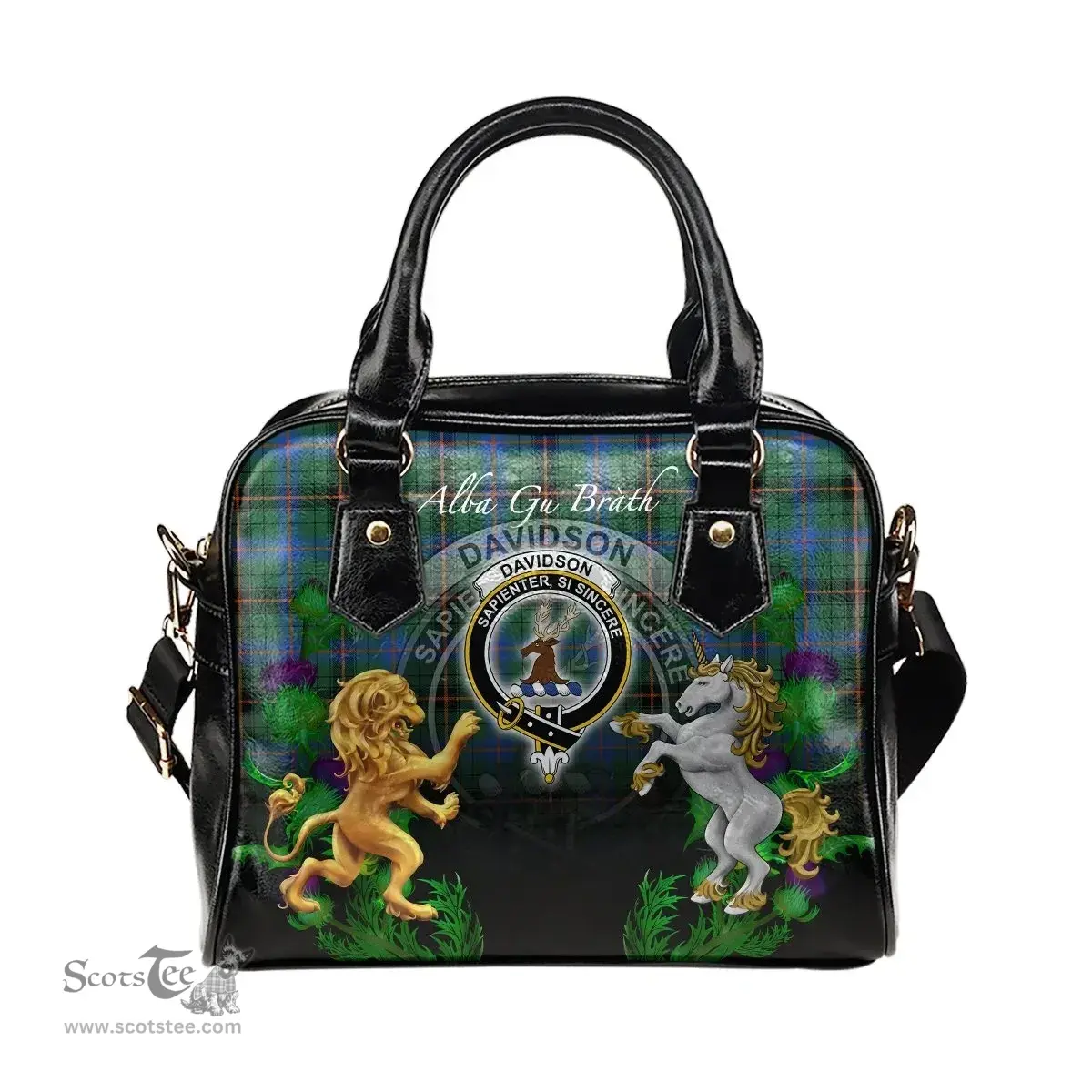 ScotsTee Shop Scottish Davidson Ancient Clan Crest Tartan Lion Unicorn Thistle Shoulder Handbag