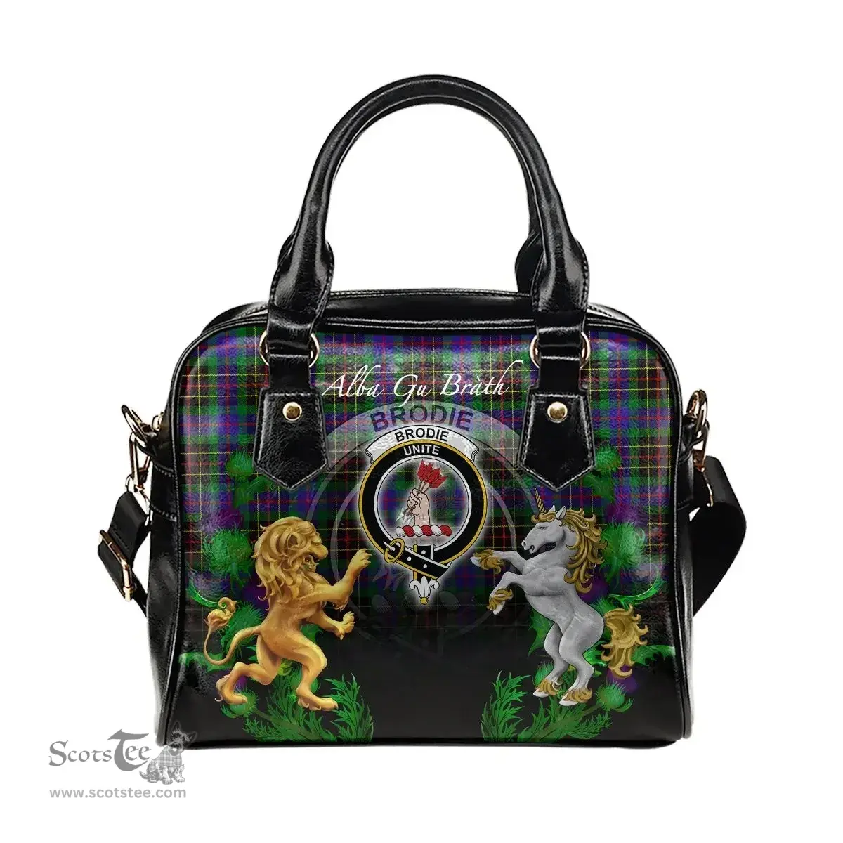 ScotsTee Shop Scottish Brodie Hunting Modern Clan Crest Tartan Lion Unicorn Thistle Shoulder Handbag