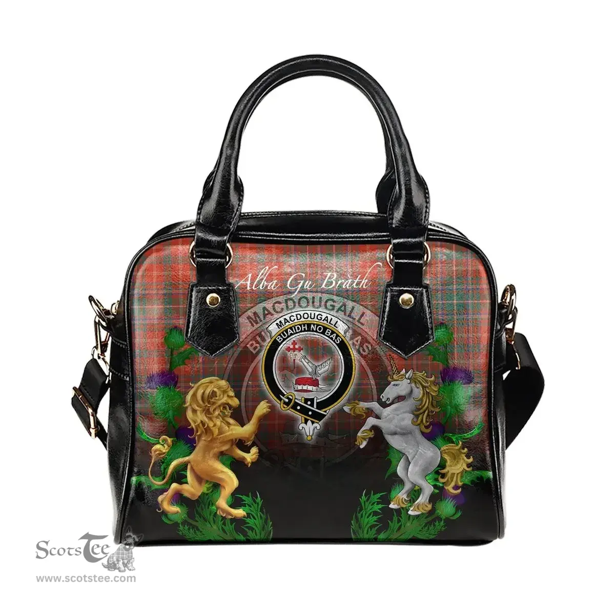 ScotsTee Shop Scottish MacDougall Ancient Clan Crest Tartan Lion Unicorn Thistle Shoulder Handbag
