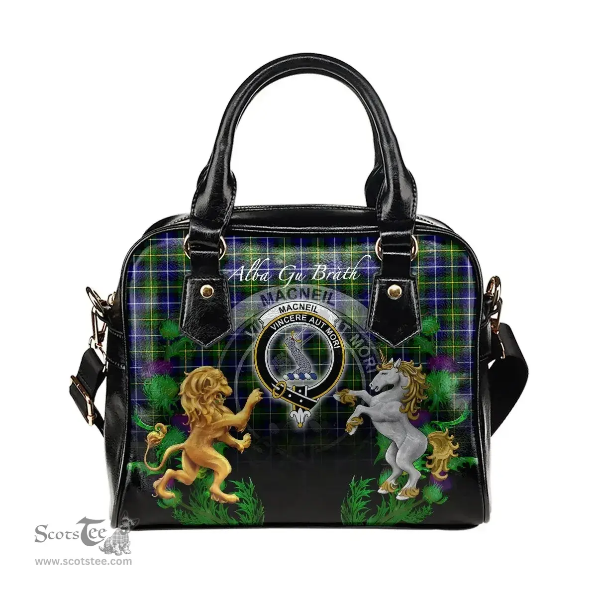 ScotsTee Shop Scottish MacNeill of Barra Modern Clan Crest Tartan Lion Unicorn Thistle Shoulder Handbag