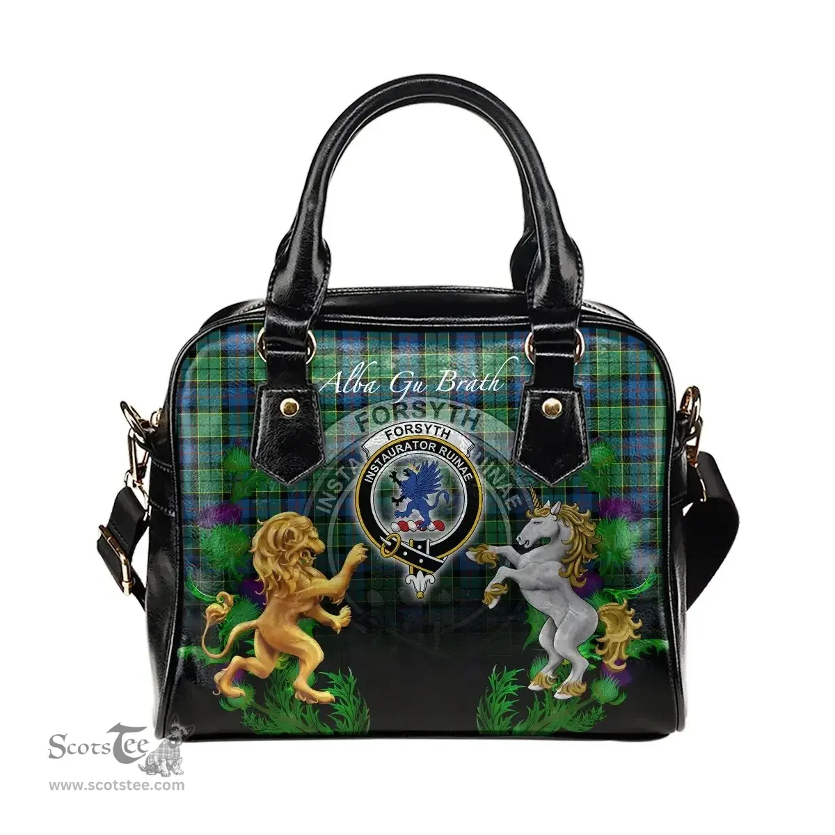 ScotsTee Shop Scottish Forsyth Ancient Clan Crest Tartan Lion Unicorn Thistle Shoulder Handbag