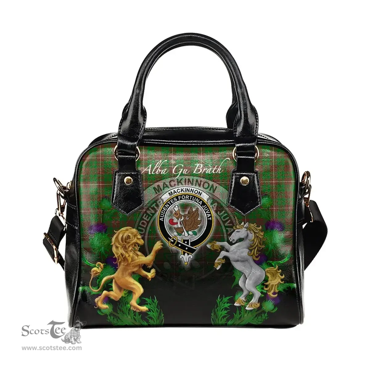 ScotsTee Shop Scottish MacKinnon Hunting Modern Clan Crest Tartan Lion Unicorn Thistle Shoulder Handbag