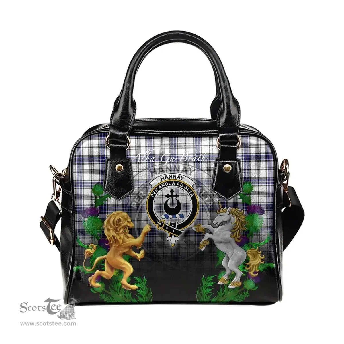 ScotsTee Shop Scottish Hannay Modern Clan Crest Tartan Lion Unicorn Thistle Shoulder Handbag