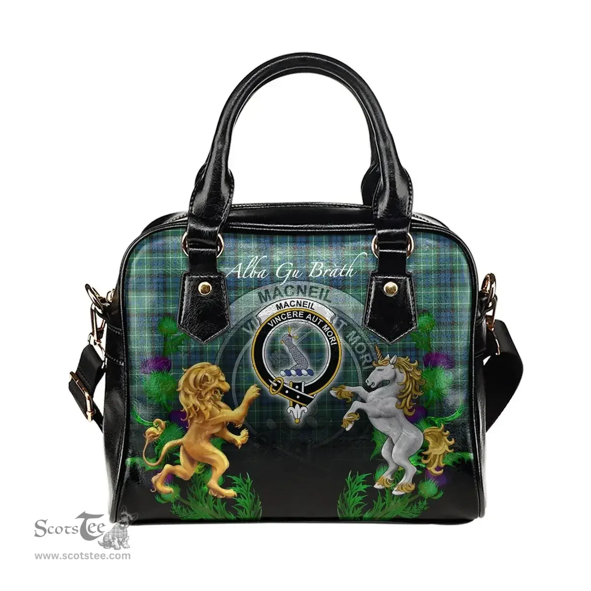 ScotsTee Shop Scottish MacNeill of Colonsay Ancient Clan Crest Tartan Lion Unicorn Thistle Shoulder Handbag