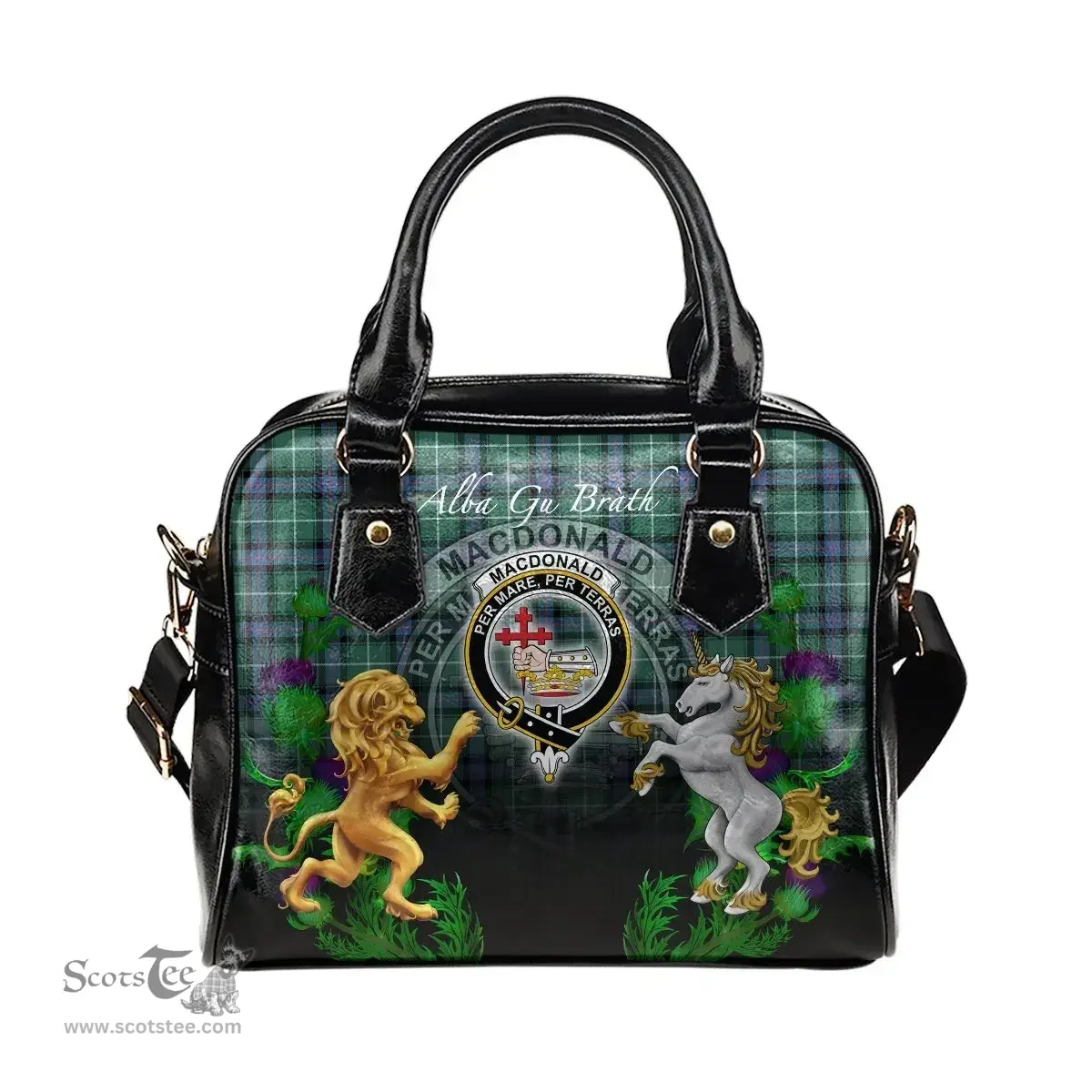 ScotsTee Shop Scottish MacDonald of the Isles Hunting Ancient Clan Crest Tartan Lion Unicorn Thistle Shoulder Handbag