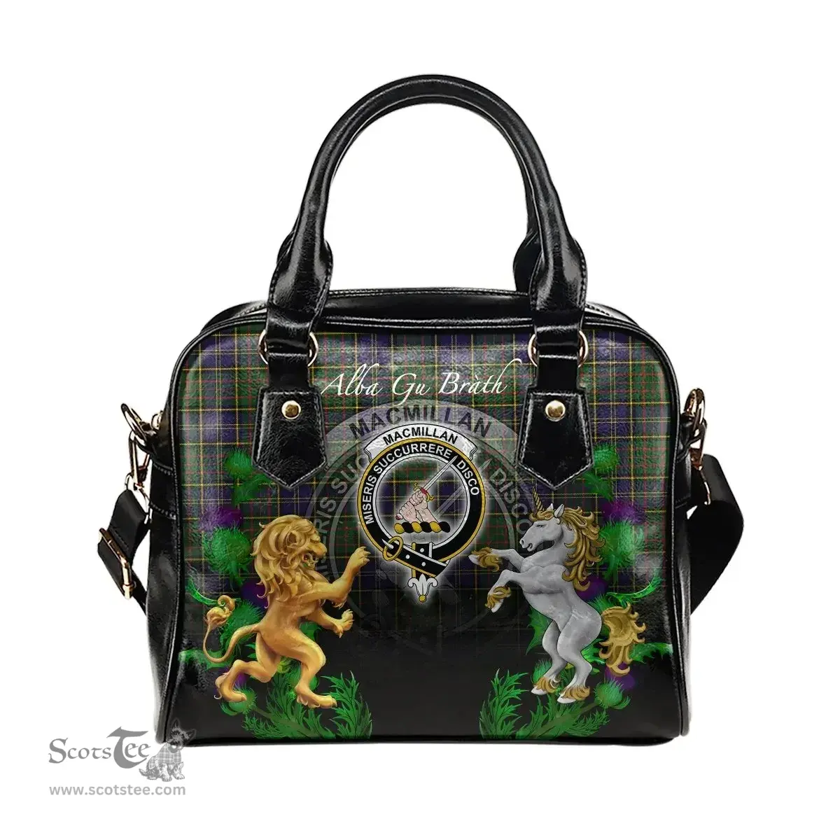 ScotsTee Shop Scottish MacMillan Hunting Modern Clan Crest Tartan Lion Unicorn Thistle Shoulder Handbag