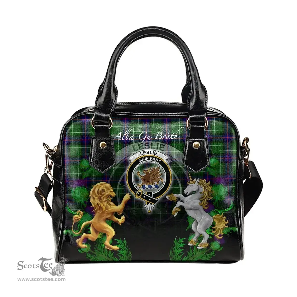 ScotsTee Shop Scottish Leslie Hunting Clan Crest Tartan Lion Unicorn Thistle Shoulder Handbag