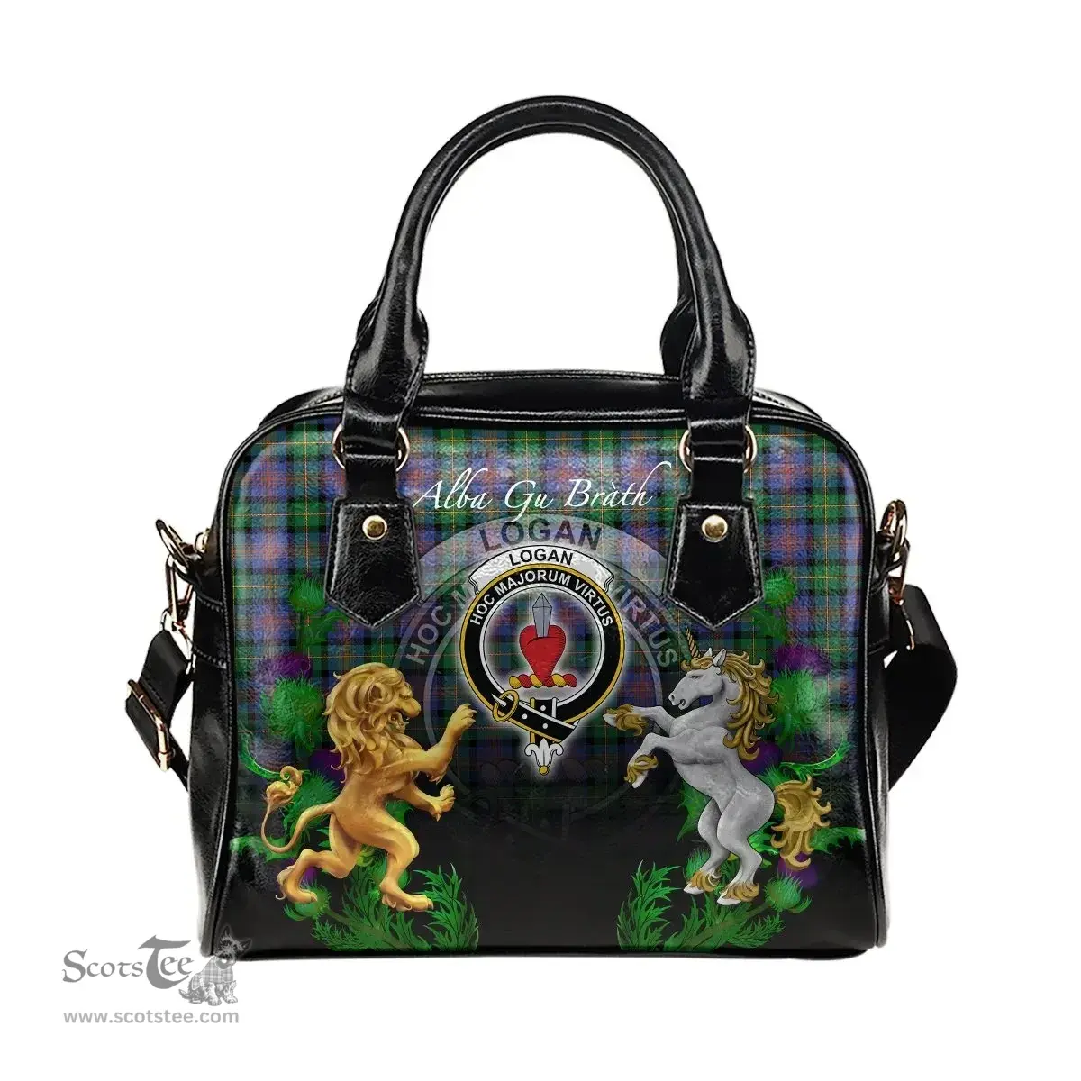 ScotsTee Shop Scottish Logan Ancient Clan Crest Tartan Lion Unicorn Thistle Shoulder Handbag