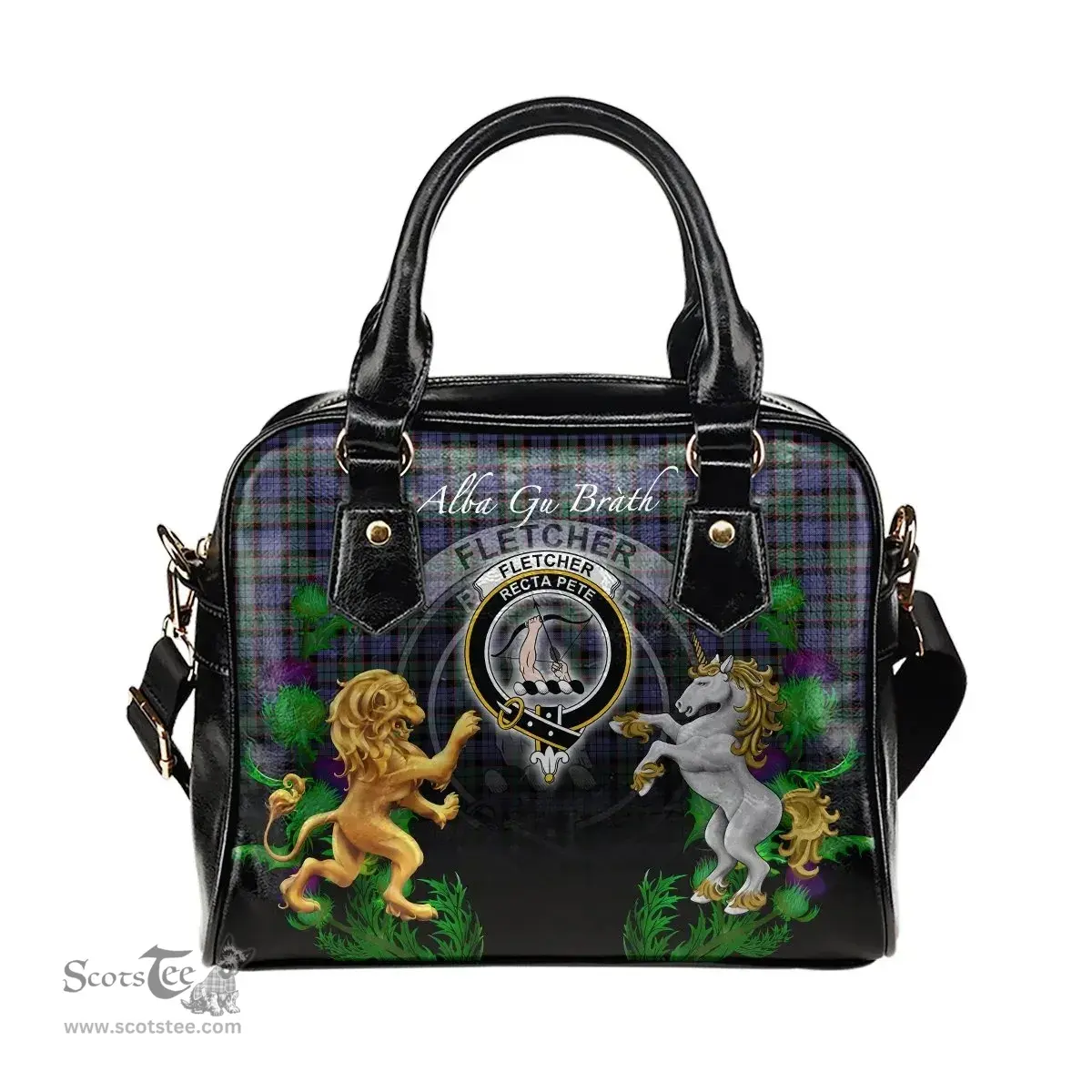 ScotsTee Shop Scottish Fletcher Modern Clan Crest Tartan Lion Unicorn Thistle Shoulder Handbag