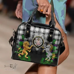 ScotsTee Shop Scottish MacFarlane Black & White Ancient Clan Crest Tartan Lion Unicorn Thistle Shoulder Handbag