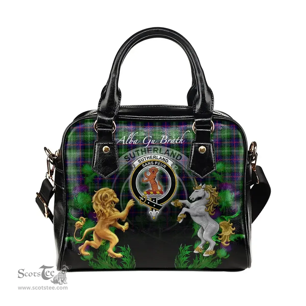 ScotsTee Shop Scottish Sutherland Modern Clan Crest Tartan Lion Unicorn Thistle Shoulder Handbag
