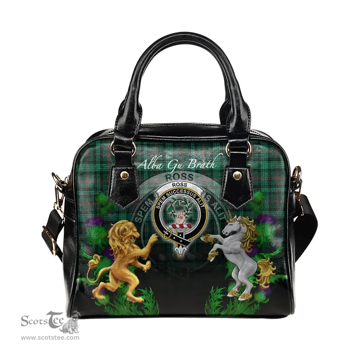 ScotsTee Shop Scottish Ross Hunting Modern Clan Crest Tartan Lion Unicorn Thistle Shoulder Handbag