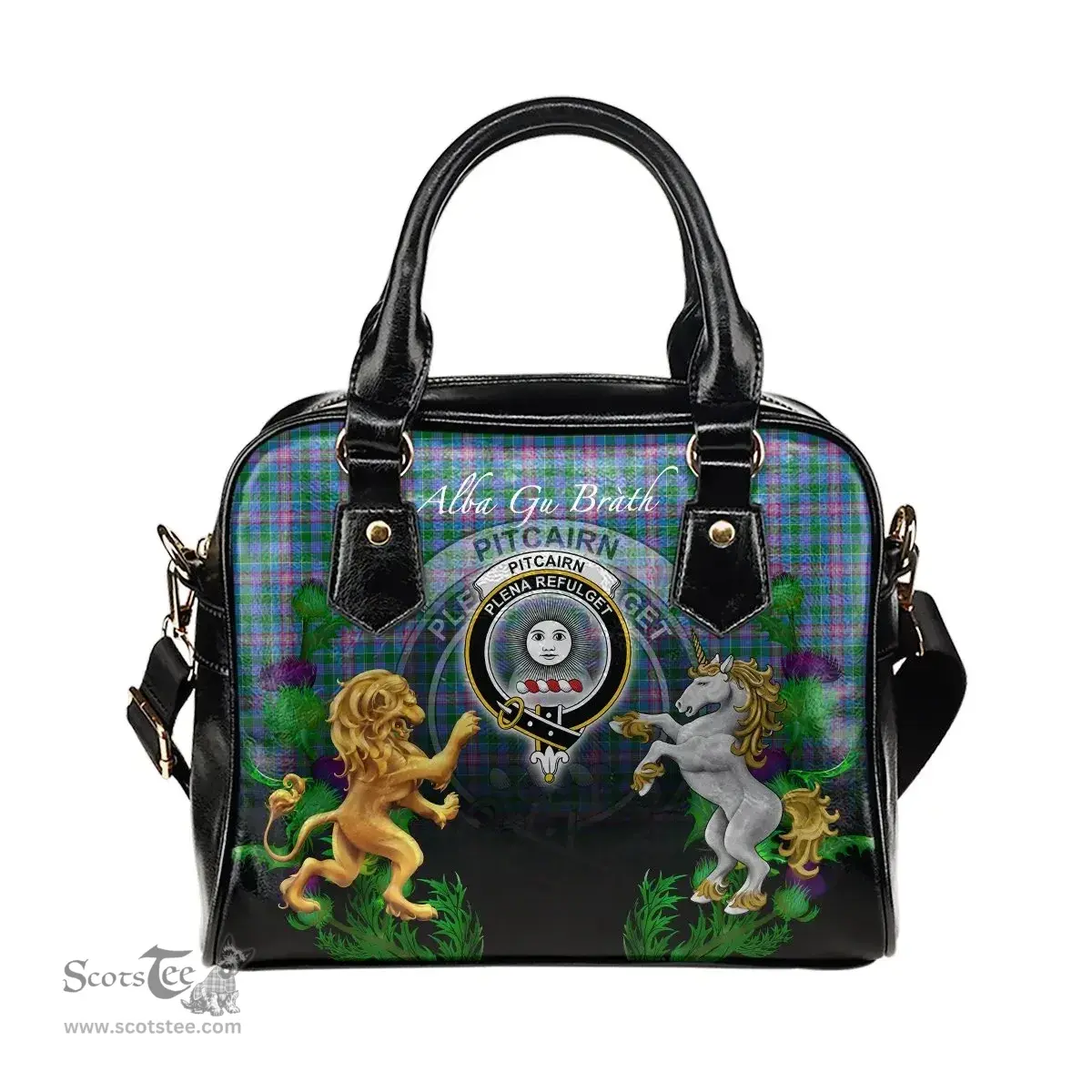 ScotsTee Shop Scottish Pitcairn Hunting Clan Crest Tartan Lion Unicorn Thistle Shoulder Handbag
