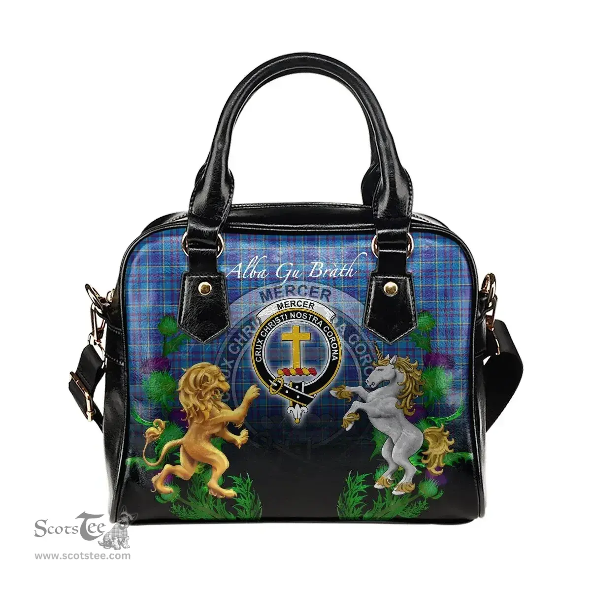 ScotsTee Shop Scottish Mercer Modern Clan Crest Tartan Lion Unicorn Thistle Shoulder Handbag